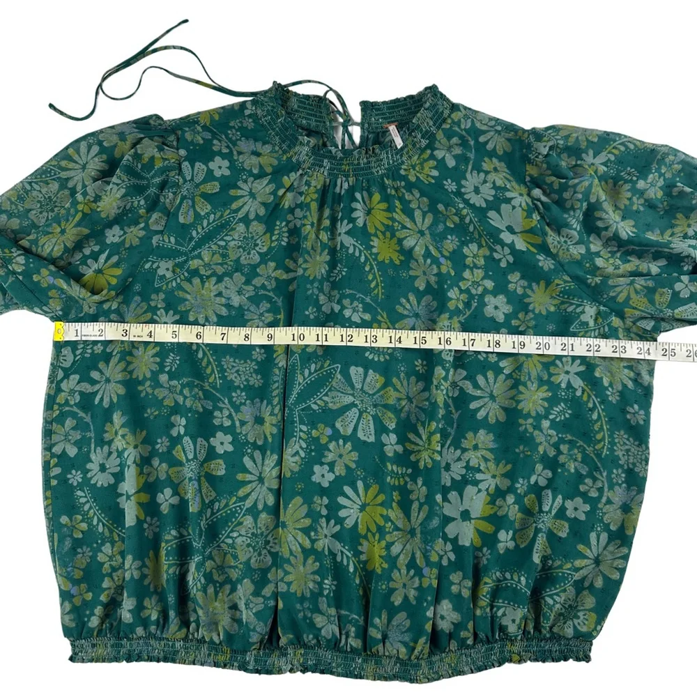 Free People Clarissa Floral Smocked Blouse Green Long Puff Sleeve Size XL